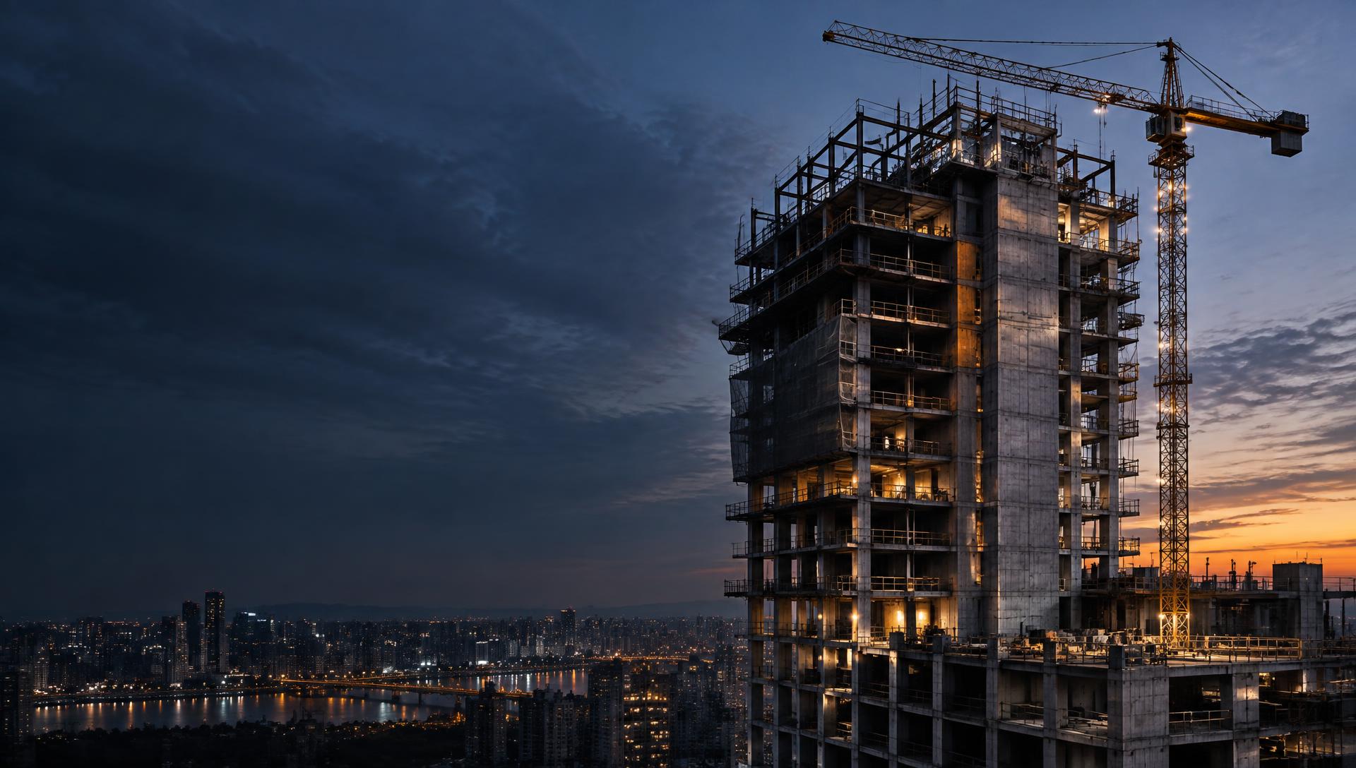 High-rise structure under construction at blue hour